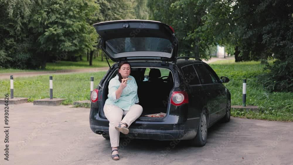 A brown-haired woman in a striped shirt and white pants sits in the trunk of a car and eats delicious pizza. A brown-haired woman in a striped shirt and white pants sits in the trunk of a car and eats delicious pizza.