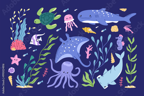 Underwater sea animals, algae set. Cute marine fauna, under water undersea nature. Happy fish, octopus, turtle. Adorable ocean characters, seaweed plants. Isolated childish flat vector illustrations