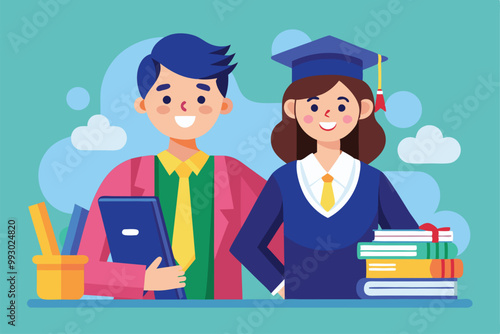 A happy teacher and a graduating student celebrate their achievement among books and supplies, Customizable flat illustration of a teacher