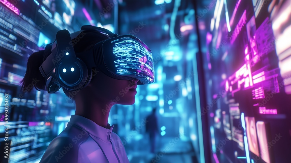 A person experiences virtual reality in a futuristic setting with vibrant neon lights and digital displays A person experiences virtual reality in a futuristic setting with vibrant neon lights and digital displays