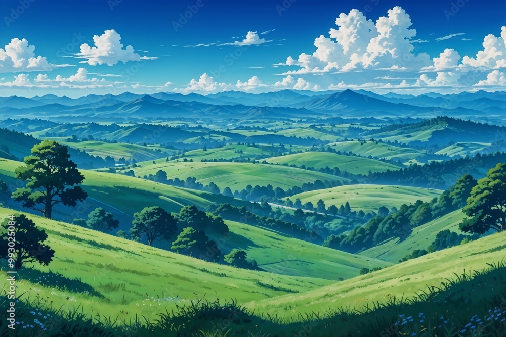 A breathtaking view of a lush green valley surrounded by rolling hills and blue skies, ideal for landscape and nature content. A breathtaking view of a lush green valley surrounded by rolling hills and blue skies, ideal for landscape and nature content.