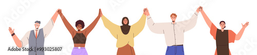 Happy people group holding hands together, arms up. Diverse society, community bonding in unity and support. Togetherness, connection concept. Flat vector illustration isolated on white background