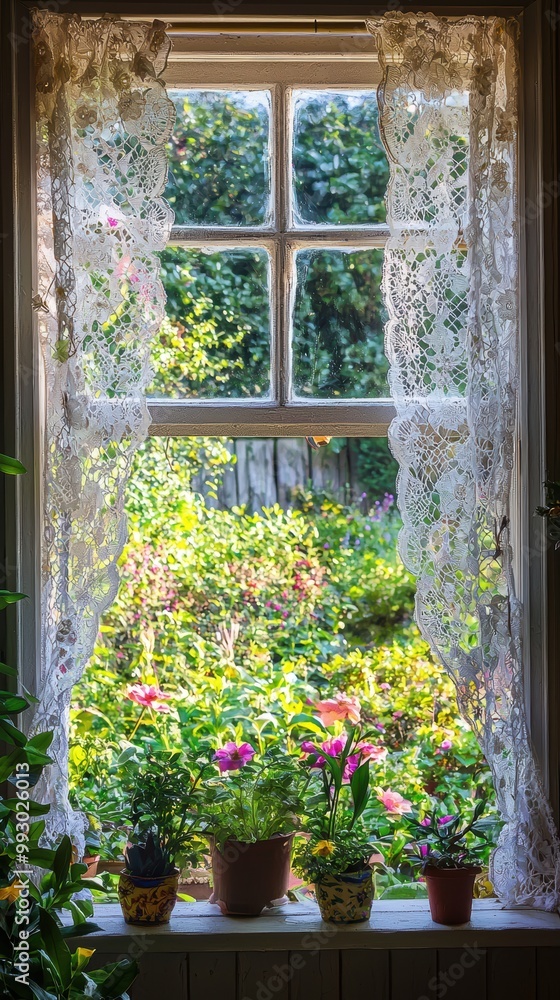 Fototapeta premium Peaceful Cottage Window with Lace Curtain and Flowers