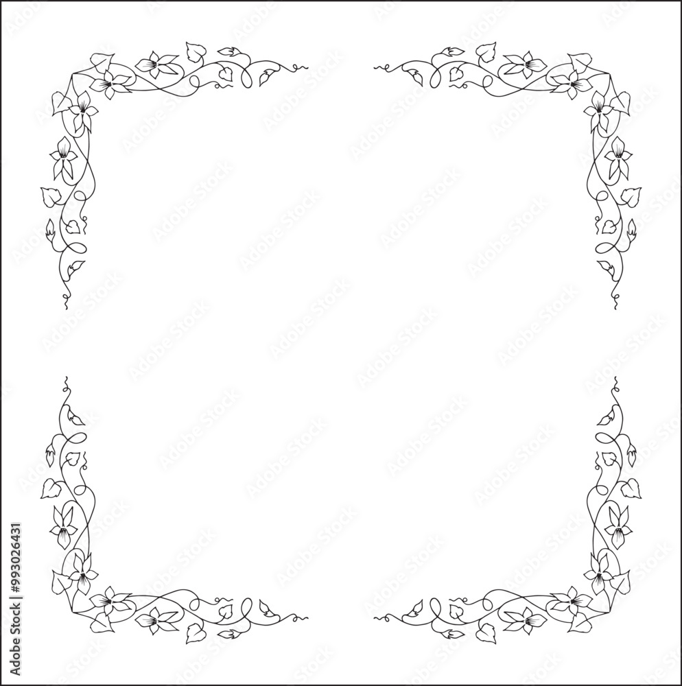 Elegant black and white vegetal ornamental frame with violet flowers, decorative border, corners for greeting cards, banners, business cards, invitations, menus. Isolated vector illustration. Elegant black and white vegetal ornamental frame with violet flowers, decorative border, corners for greeting cards, banners, business cards, invitations, menus. Isolated vector illustration.