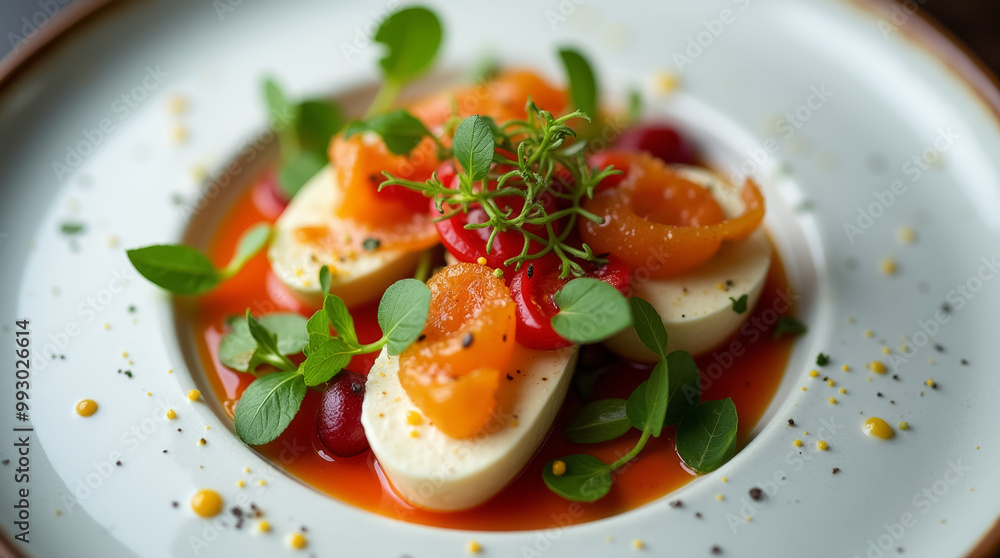 A beautifully plated appetizer showcases thin slices of smoked salmon atop creamy goat cheese and surrounded by vibrant herbs on a colorful sauce A beautifully plated appetizer showcases thin slices of smoked salmon atop creamy goat cheese and surrounded by vibrant herbs on a colorful sauce
