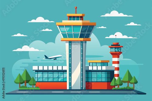 This illustration showcases an airport featuring control towers, trees, and an airplane flying overhead, Customizable semi-flat illustration of an airport tower.