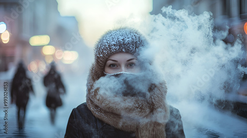 Young girl wrapped in a scarf breathes steam in a cold winter city