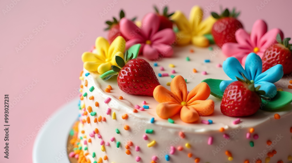 A beautifully decorated cake features bright flowers and strawberries, set against a soft pink background. The colorful sprinkles add a festive touch, perfect for celebrations A beautifully decorated cake features bright flowers and strawberries, set against a soft pink background. The colorful sprinkles add a festive touch, perfect for celebrations