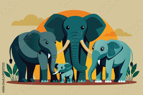 A family of elephants stands together, showcasing their bond against a warm, glowing sunset backdrop, Customizable Semi Flat Illustration of an Elephant Family