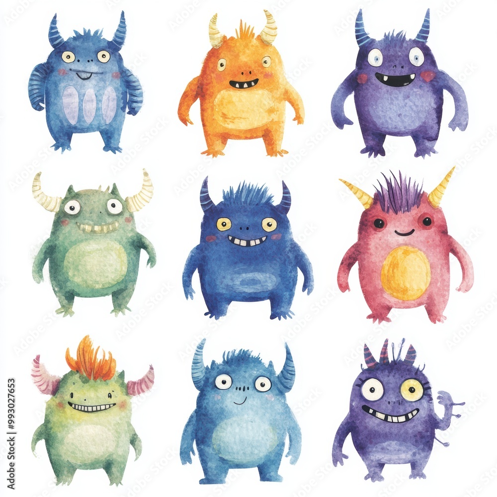 Fototapeta premium Cute Monster Watercolor Set.