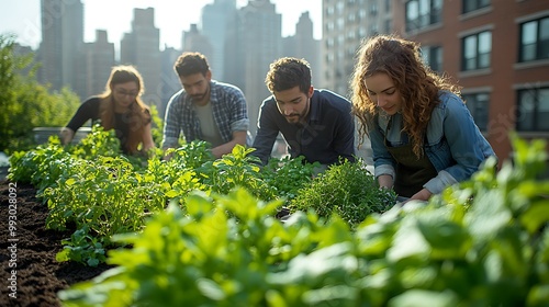 Fototapeta Naklejka Na Ścianę i Meble -  A group of people planting herbs and vegetables on a sunny rooftop garden, framed by towering city buildings, blending nature with the urban environment, promoting eco-friendly practices.