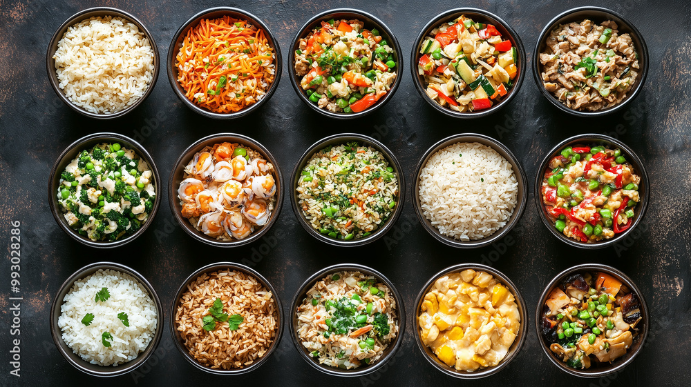 A beautiful grid of bowls featuring various rice dishes A beautiful grid of bowls featuring various rice dishes