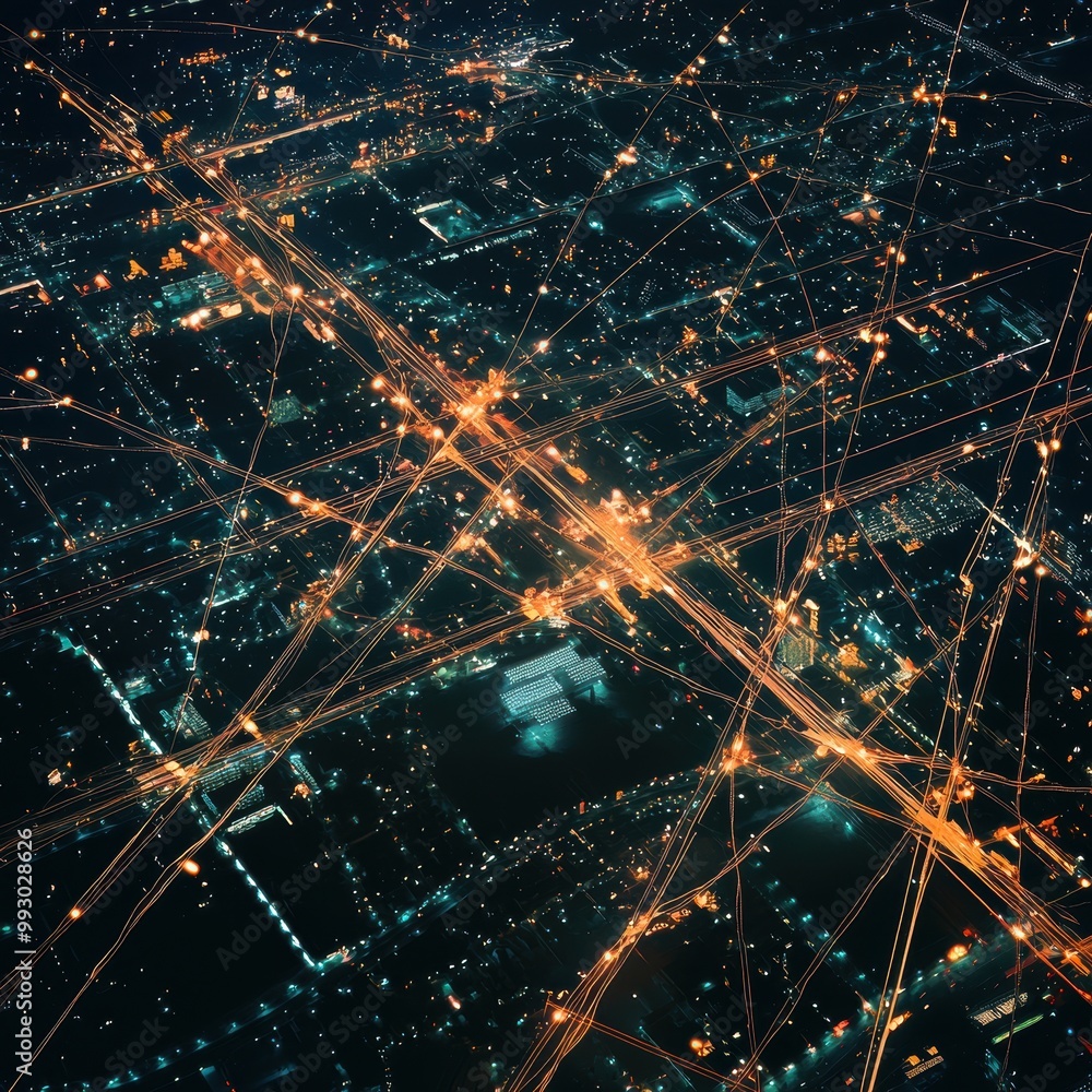 Aerial Nighttime Cityscape with Energy Lines Aerial Nighttime Cityscape with Energy Lines