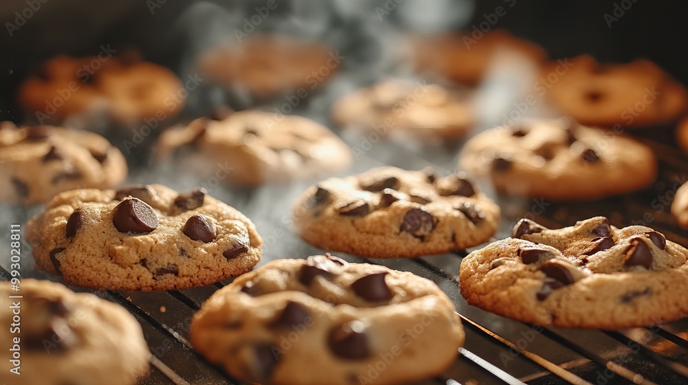 Close-up of delicious chocolate chip cookies baking perfectly in the oven with a golden crispy crust new beautiful stock image illustration AI Close-up of delicious chocolate chip cookies baking perfectly in the oven with a golden crispy crust new beautiful stock image illustration AI