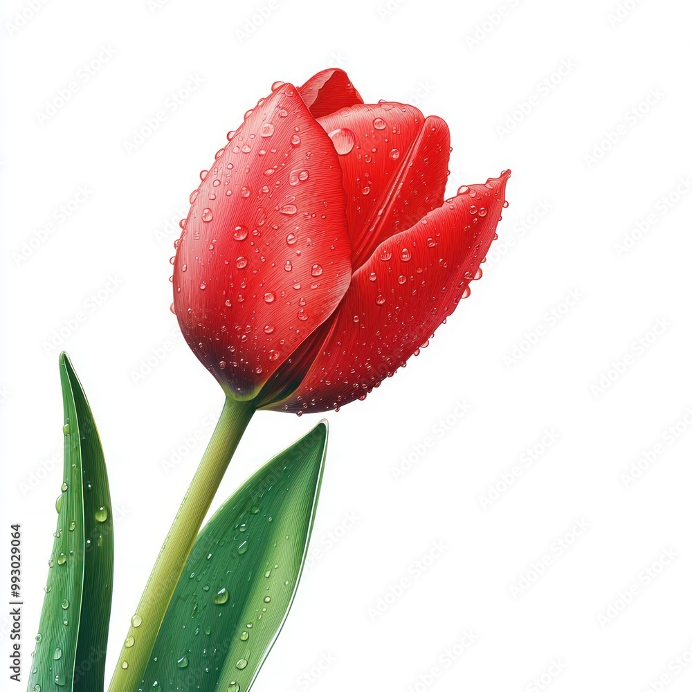 A vibrant red tulip with water droplets on its petals, showcasing natural beauty. A vibrant red tulip with water droplets on its petals, showcasing natural beauty.