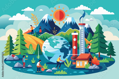 A detailed illustration of diverse people engaging in activities to combat climate change in nature, Customizable semi flat illustration of climate change.