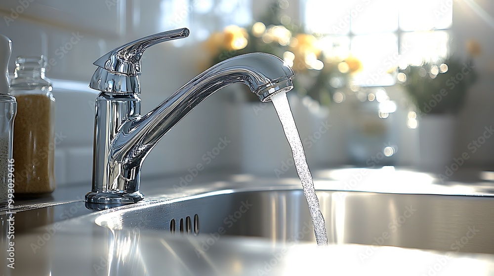 A kitchen faucet with a water-saving aerator, with water flowing gently into a stainless steel sink, surrounded by bright sunlight, symbolizing eco-friendly water conservation. A kitchen faucet with a water-saving aerator, with water flowing gently into a stainless steel sink, surrounded by bright sunlight, symbolizing eco-friendly water conservation.
