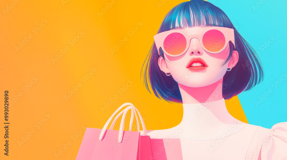 Fashion, girl, shopping bags, anime characters in cartoon style Fashion, girl, shopping bags, anime characters in cartoon style