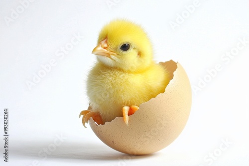 Little yellow chicks just hatched from an egg and sitting in the shell on a white background