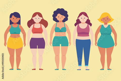 This illustration features customizable female bodies representing various shapes and sizes in vibrant colors, Customizable Semi Flat Illustration of Female Body Shapes