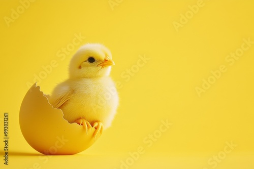 Little yellow chicks just hatched from an egg and sitting in the shell on a yellow background