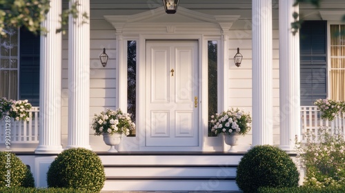 Classic White Southern Home with Large Pillars and Flowering Trees