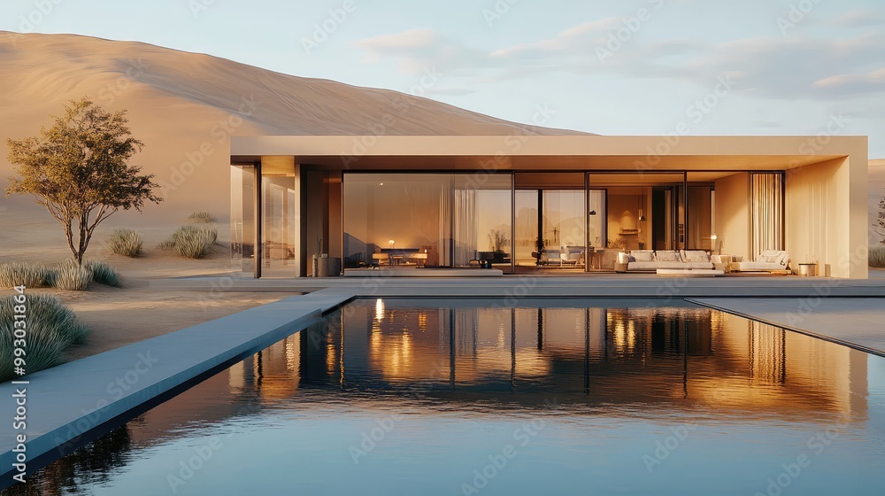 Stylish desert oasis with a contemporary design, a reflecting pool, and a backdrop of sand dunes Stylish desert oasis with a contemporary design, a reflecting pool, and a backdrop of sand dunes