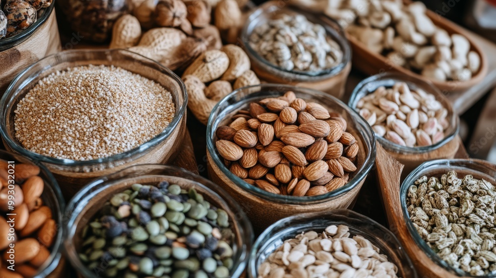 Assortment of Nuts and Seeds in Glass Bowls, Food Photography, Healthy Eating ,nuts,seeds Assortment of Nuts and Seeds in Glass Bowls, Food Photography, Healthy Eating ,nuts,seeds