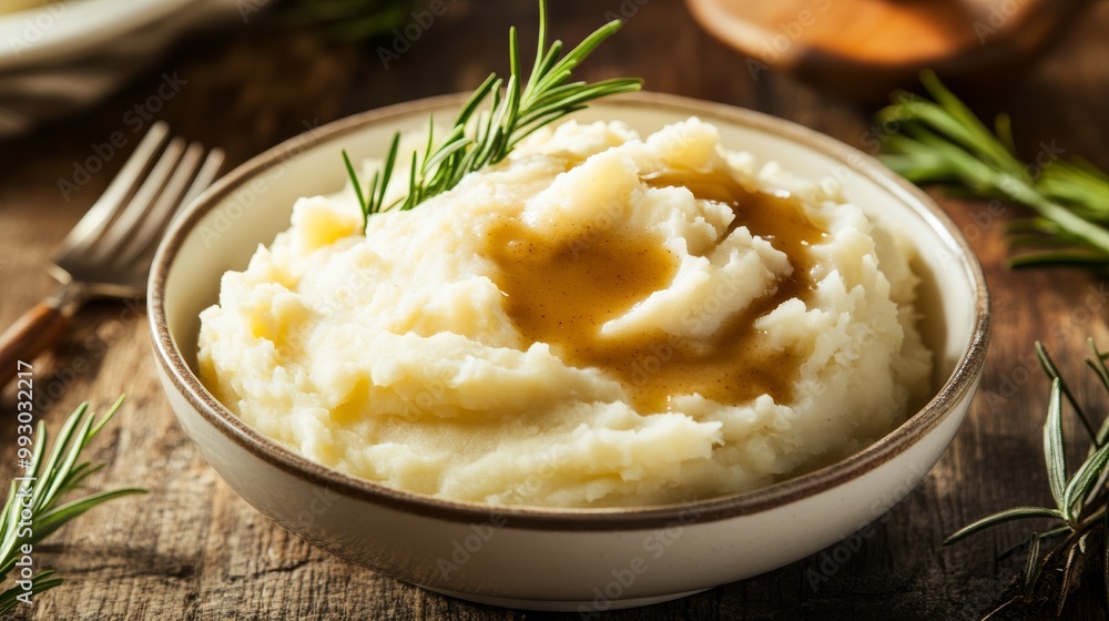 Bowl of Creamy Mashed Potatoes with Rosemary and Gravy, Thanksgiving, side dish Bowl of Creamy Mashed Potatoes with Rosemary and Gravy, Thanksgiving, side dish