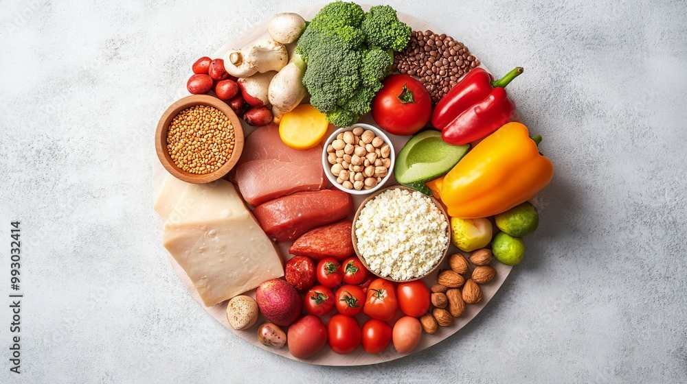 Circular Food Arrangement with Meat, Vegetables, and Grains, healthy diet ,food photography Circular Food Arrangement with Meat, Vegetables, and Grains, healthy diet ,food photography