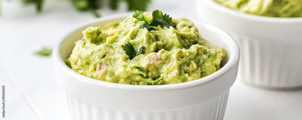 Close-up of Creamy Guacamole with Cilantro in White Bowl, guacamole, dip Close-up of Creamy Guacamole with Cilantro in White Bowl, guacamole, dip