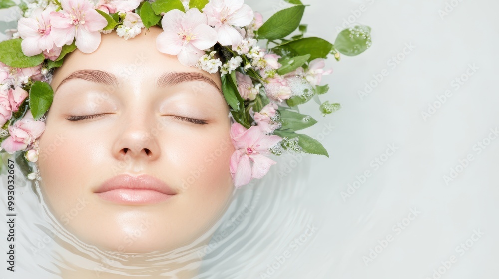 A serene woman with freckles and floral crown floats in water, surrounded by delicate flowers. Tranquil beauty and relaxation concept. A serene woman with freckles and floral crown floats in water, surrounded by delicate flowers. Tranquil beauty and relaxation concept.
