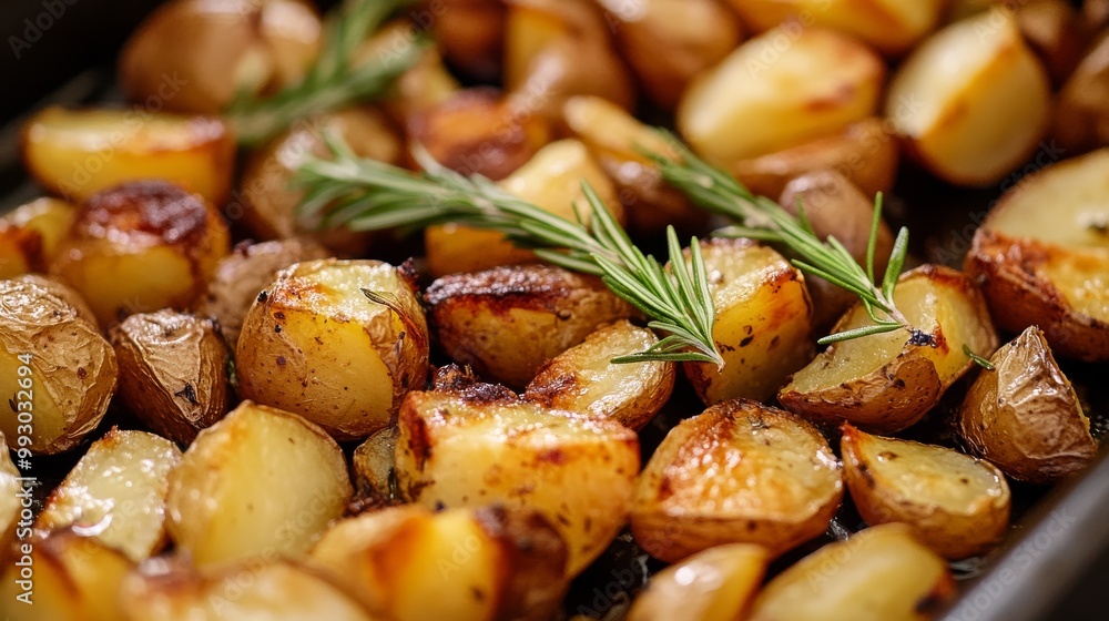 Close-up of Golden Brown Roasted Potatoes with Rosemary, Food Photography, Roast Potatoes, Rosemary Close-up of Golden Brown Roasted Potatoes with Rosemary, Food Photography, Roast Potatoes, Rosemary