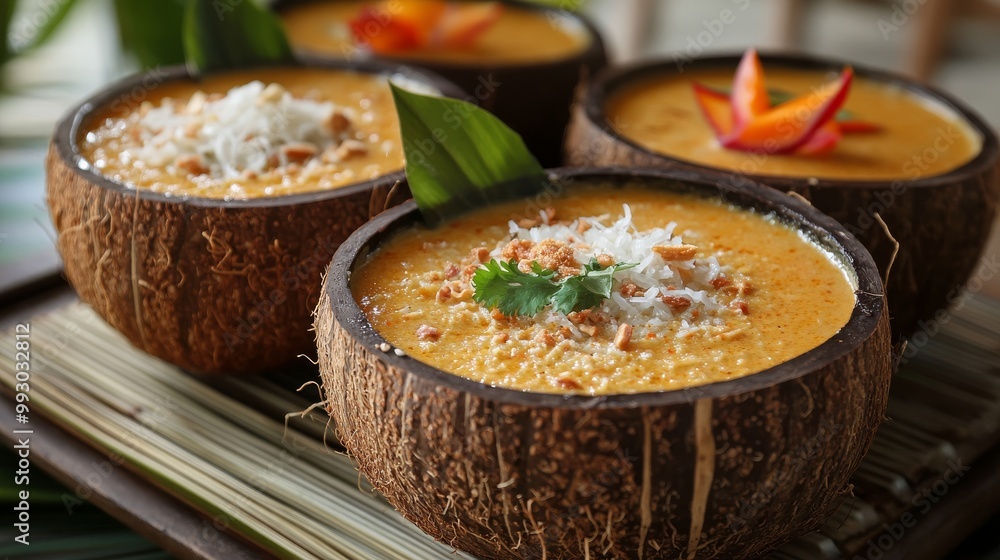 Coconut Bowl Soup with Toppings, Thai Cuisine, Coconut Shell