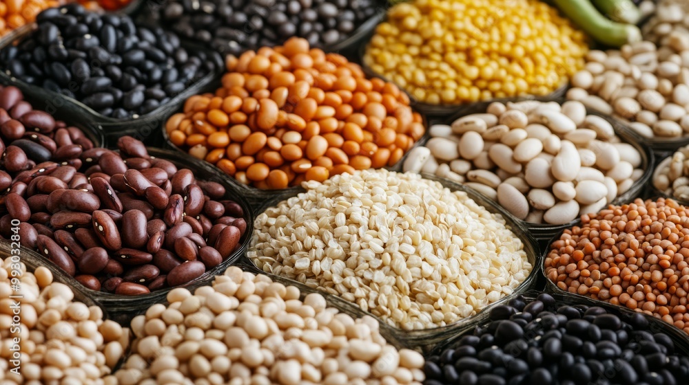 Naklejka premium Colorful Beans and Grains in Bowls, legumes, pulses