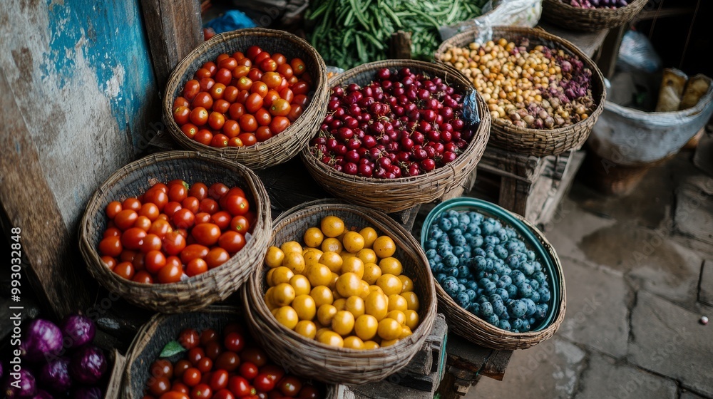 Colorful Fruit and Vegetable Display in Woven Baskets, Food Market, Asian Market ,food, market Colorful Fruit and Vegetable Display in Woven Baskets, Food Market, Asian Market ,food, market