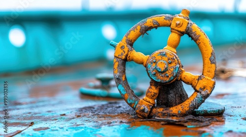 Rusty Ship Wheel on Weathered Boat Surface