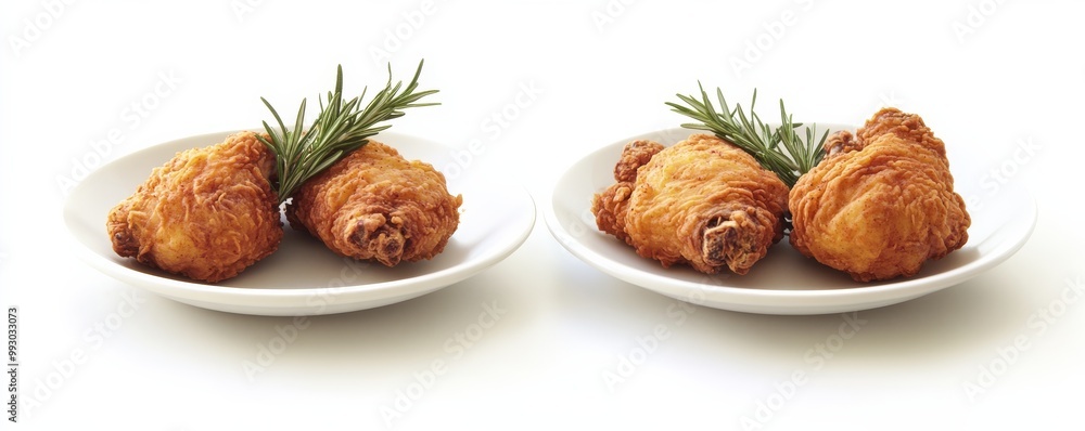 Crispy Fried Chicken Drumsticks with Rosemary Garnish on White Plates, chicken, food Crispy Fried Chicken Drumsticks with Rosemary Garnish on White Plates, chicken, food