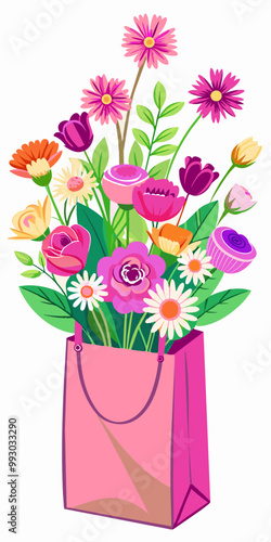 Vividly colored floral arrangement displayed in pink gift bag, perfect for celebrations or decorations. Delightful illustration embodies beauty, freshness, and elegance, ideal for creative design need