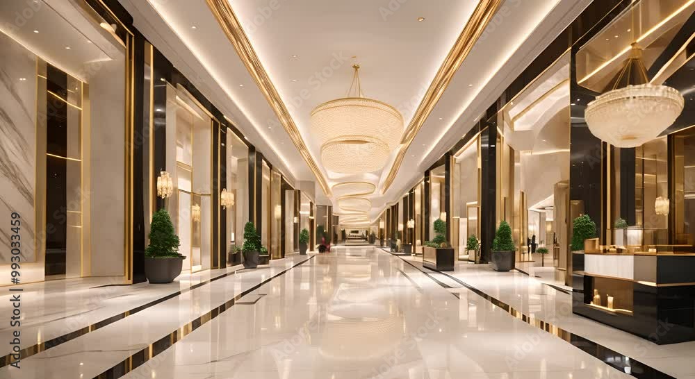 A grand hallway in a luxurious hotel, featuring marble floors, gold accents, and modern chandeliers A grand hallway in a luxurious hotel, featuring marble floors, gold accents, and modern chandeliers