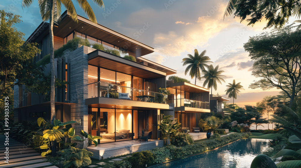 Obraz premium A four-story detached villa designed with a contemporary tropical. Generative AI.
