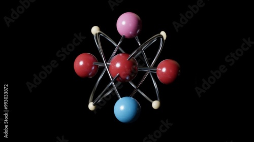 Simplified atomic model of positronium showing red positron and blue electron in orbital motion around a center point photo