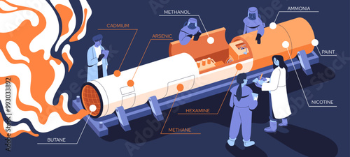 Concept of cigarette danger. Infographic of harmful toxins, poisons on cross section. Unhealthy influence of tobacco smoke. Dangerous chemical elements, nicotine inside cigar. Flat vector illustration