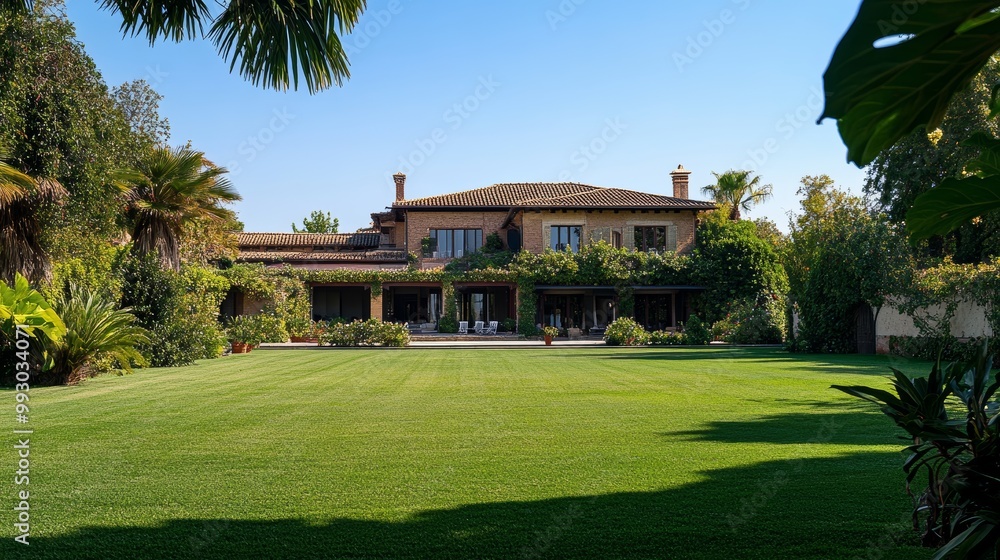 Italian Villa with Lush Green Lawn, Palm Trees and a Blue Sky, Italian architecture, luxury home Italian Villa with Lush Green Lawn, Palm Trees and a Blue Sky, Italian architecture, luxury home