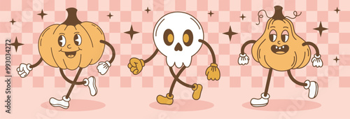 Halloween set of groovy elements.Cute scary characters in a retro cartoon style. Vector illustration