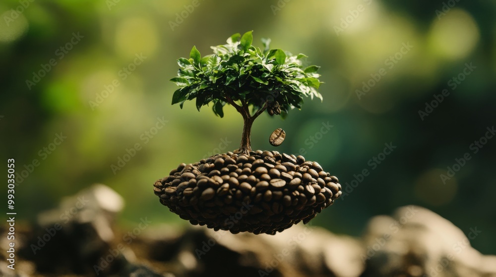 Floating Coffee Beans with Tree in Nature Floating Coffee Beans with Tree in Nature