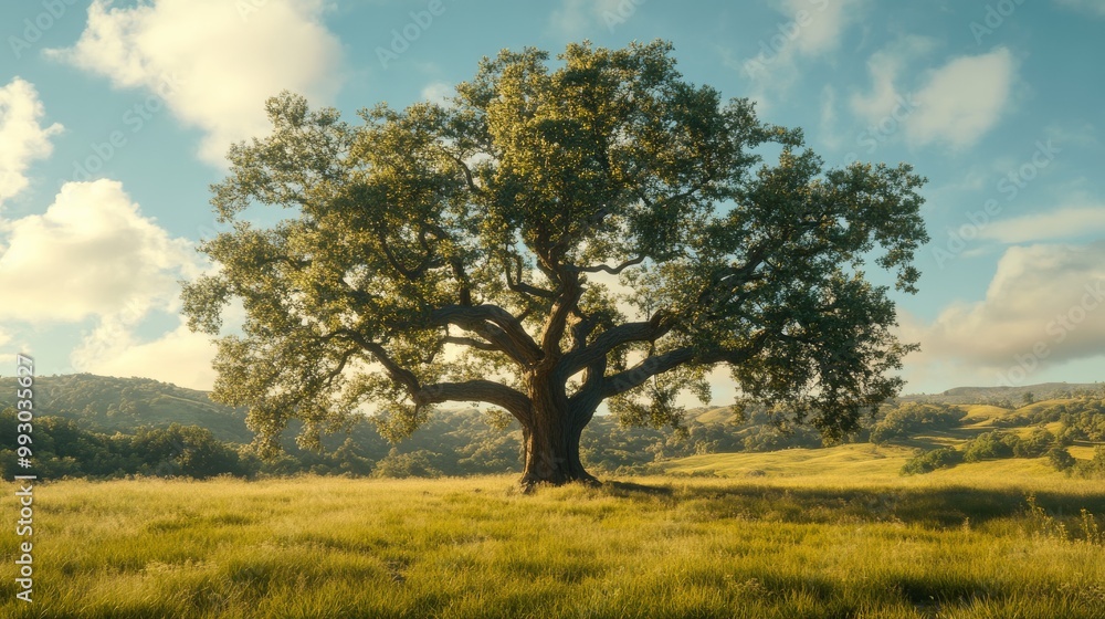Sunlight Through Oak Branches in a Rolling Green Field, Landscape, Nature, Photography Sunlight Through Oak Branches in a Rolling Green Field, Landscape, Nature, Photography