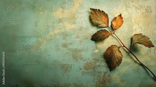 A Single Branch with Autumn Leaves on a Textured Green Background