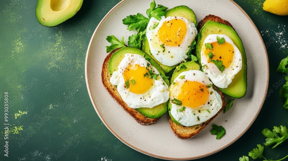 Top-Down View of Poached Eggs on Avocado Toast with Parsley, Green Background, Breakfast, Brunch, Avocado Toast Top-Down View of Poached Eggs on Avocado Toast with Parsley, Green Background, Breakfast, Brunch, Avocado Toast