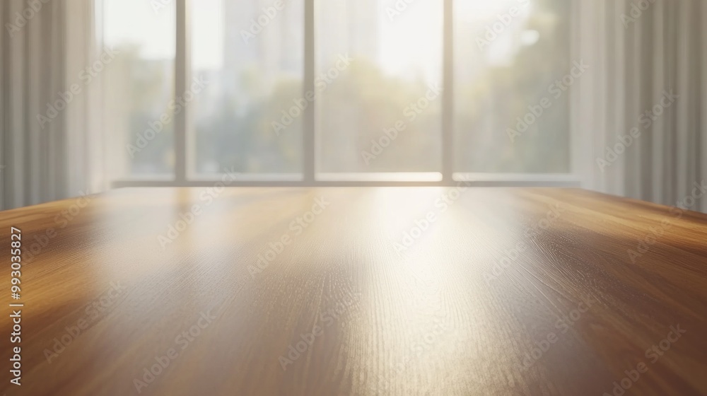 Fototapeta premium A wooden table surface with soft lighting and a blurred outdoor view through large windows.